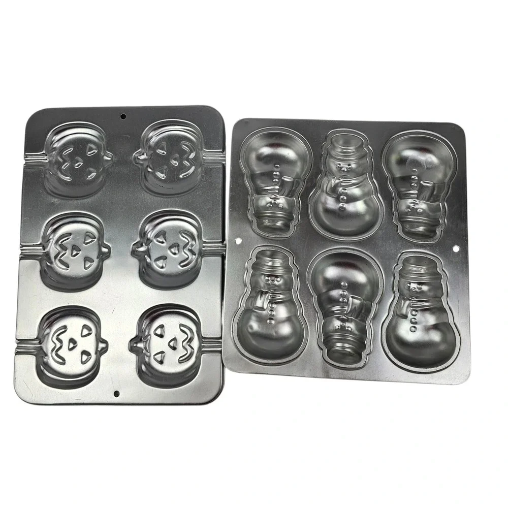 Wilton Vintage Aluminum Cake Pan Set Pumpkin Jack-o-Lantern and Snowman 6 Cavity